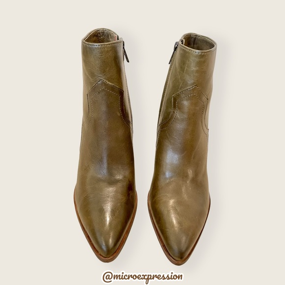 $428 Frye Flynn Short Olive Green Real Leather Zip Up Pointy Toe Heel Ankle Boot - Picture 9 of 16